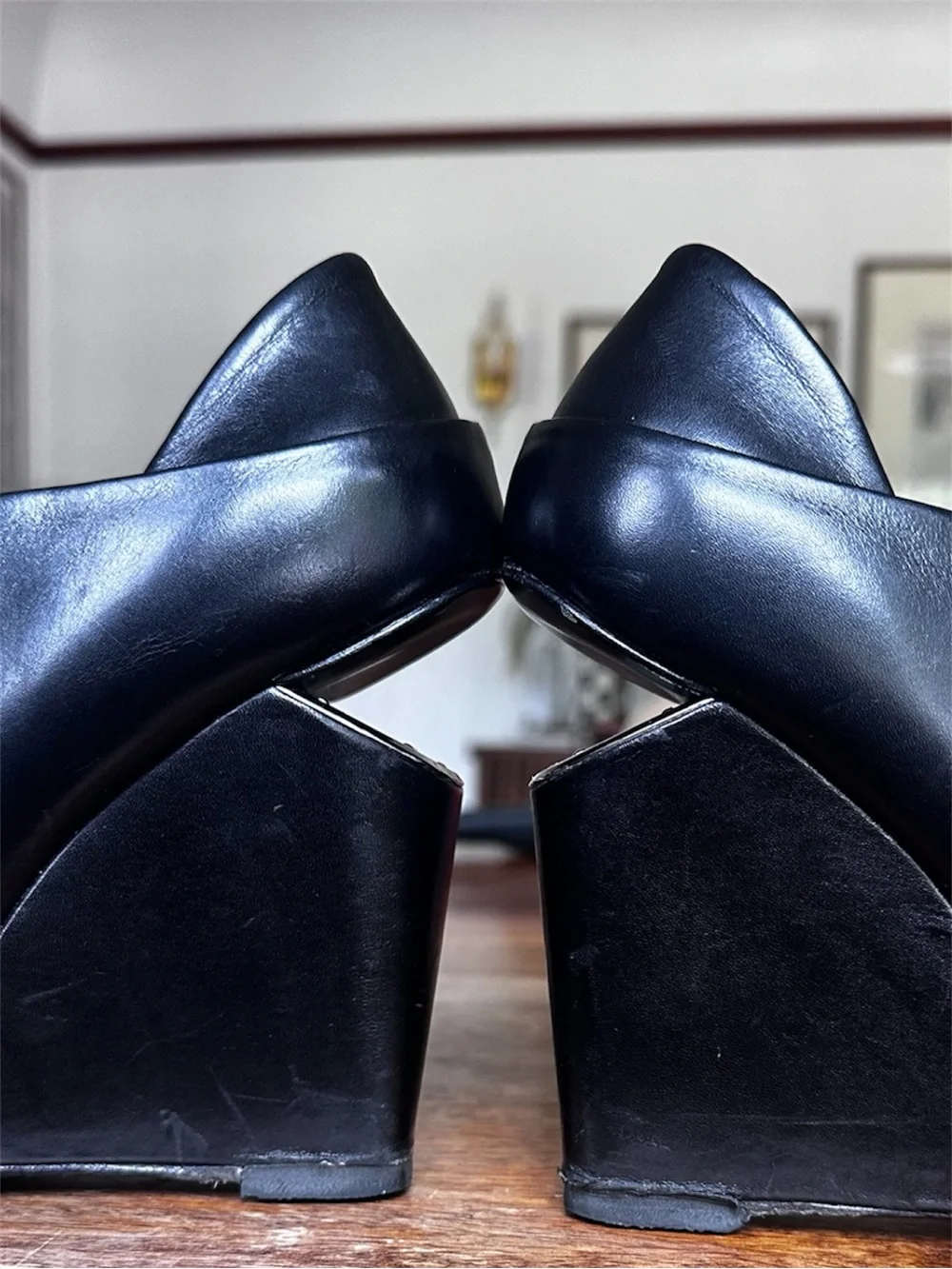 Alexander Wang Alla Black Leather Peep Toe Cutout Wedge Booties 36.5 US 6.5